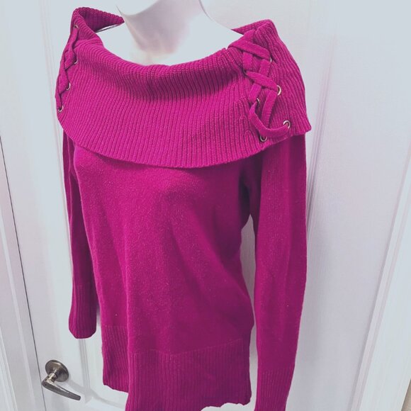 Cache Women's Fuchsia/Gold Shrug Off Shoulder Rabbit Hair Mix Sweater-Size Med - Picture 6 of 14